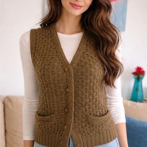 Vintage 80s Brown Italy Alexander’s Texture Sweater Vest Women M Leather Buttons